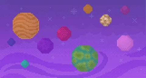 Planets for pixel game design. Collection of cosmic round objects different Stock Illustration
