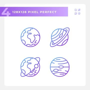 Planets pixel perfect gradient linear vector icons set Illustrazione stock