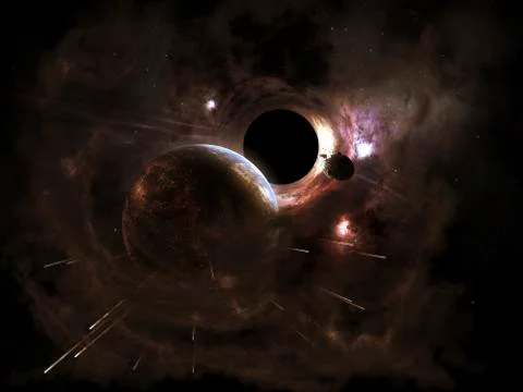 A planet's population fleas in panic from a massive black hole. Stock Illustration
