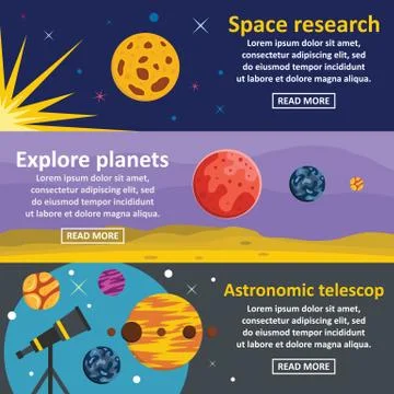 Planets research banner horizontal set, flat style Stock Illustration