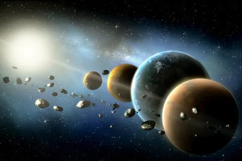 Planets round the sun in the Solar system with asteroids in the colorful star Stock Illustration