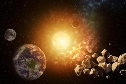 Planets round the sun in the Solar system with asteroids in the colorful star Stock Photos