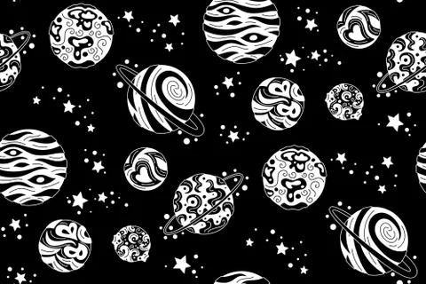 Planets seamless pattern black white doodle vector Stock Illustration