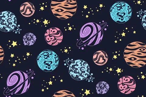 Planets seamless pattern dark space doodle vector 스톡 일러스트