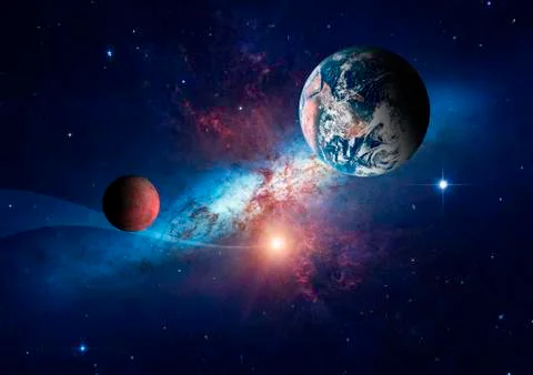 Planets of the solar system against the background of a spiral galaxy in space. Stock Photos