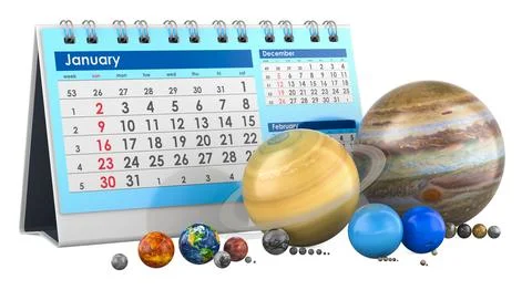 Planets of the solar system with desk calendar. Astronomy Calendar of Celes.. Illustrazione stock