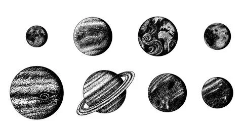 Planets of the Solar system in hand drawn stippling dot work style for science Illustration
