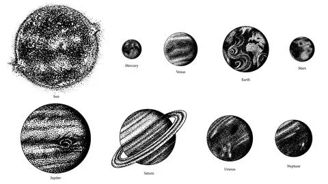 Planets of the Solar system in hand drawn stippling dot work style for science Illustration