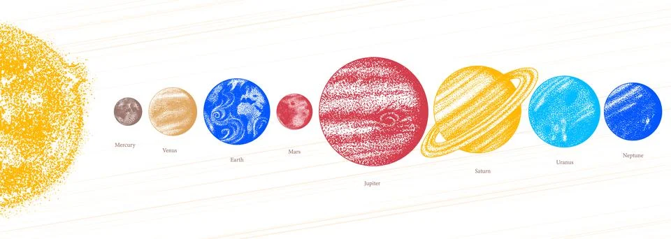 Planets of the Solar system in hand drawn stippling dot work style for science Stock Illustration