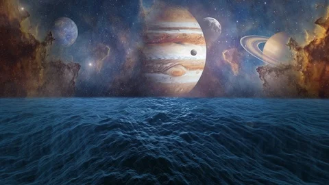 Planets of Solar system Jupiter, Mercury, Saturn, Venus and ocean with big waves Stock Footage 93585043