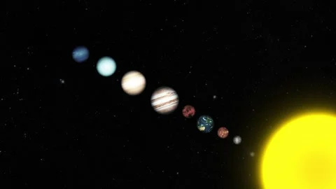 Planets of the solar system lined up in space with the bright sun at the ed.. Stock Footage 337079242