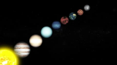 Planets of the solar system lined up in space with the bright sun at the ed.. Stock Footage 337079247