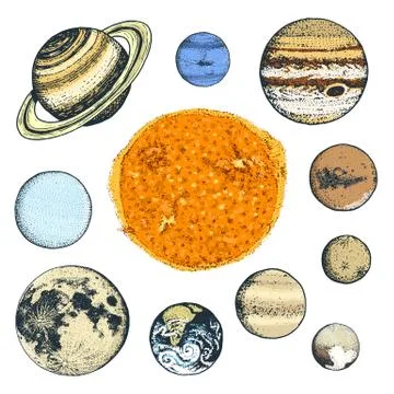 Planets in solar system. moon and the sun, mercury and earth, mars and venus Ilustração Stock
