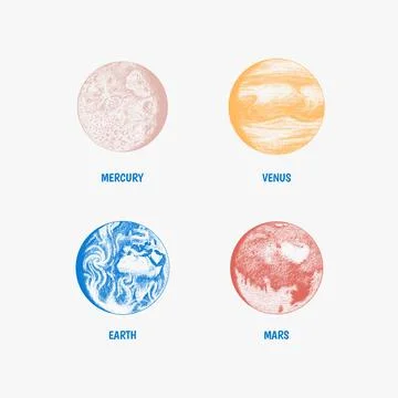 Planets in solar system. Moon and the sun, mercury and earth, mars and venus Ilustração Stock