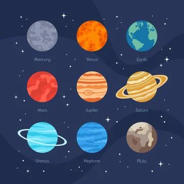 Planets of the Solar System with names on the blue starry background Stock Illustration