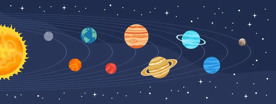 Planets of the Solar System in orbits and Sun on the left side Иллюстрация
