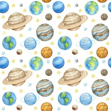 Planets of the solar system Seamless pattern. Outer Space planet Mercury Venus Stock Illustration