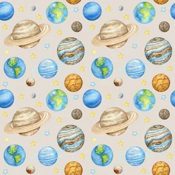 Planets of the solar system Seamless pattern. Outer Space planet Mercury Venus Stock Illustration