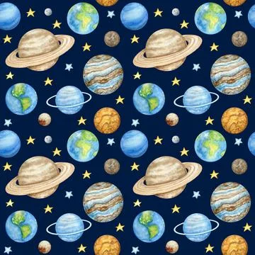 Planets of the solar system Seamless pattern. Outer Space planet Mercury Venus Stock Illustration
