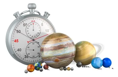 Planets of the solar system with stopwatch. 3D rendering Illustrazione stock