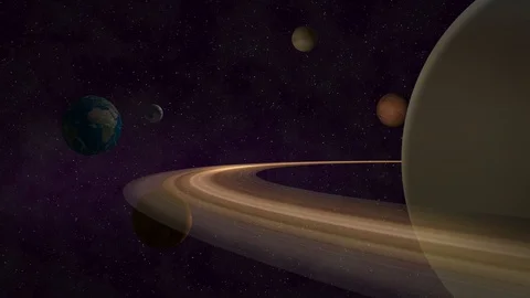 Planets view from Saturn ring in cosmos galaxy stock video I cinematic Saturn pl Stock Footage 104807278