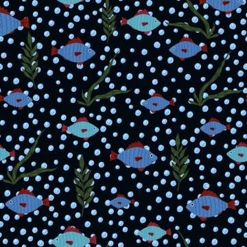 Planktom seamless pattern with fish and seaweed silhouettes. Dark background  Stock Illustration