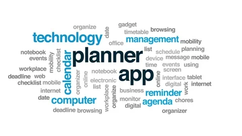 Planner app animated word cloud, text design animation. Stock Footage