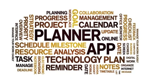 Planner App animated word cloud,animation tag kinetic typography seamless loop. Stock Footage 294372769