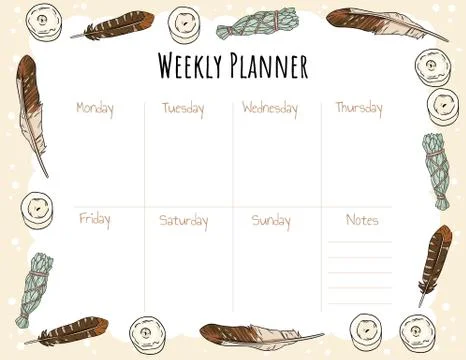 Planner boho template with candles, feathers and sage smudge sticks comic sty Stock Illustration