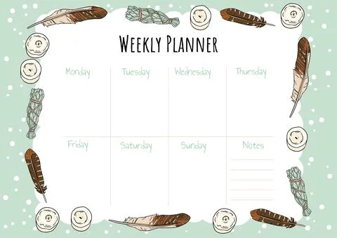 Planner boho template with candles, feathers and sage smudge sticks comic sty Stock Illustration
