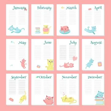 Planner calendar vector template with cute cats Stock Illustration