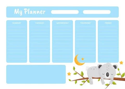 Planner with Cute Koala Sleeping on Tree Branch Having Bedtime Vector Template Stock Illustration