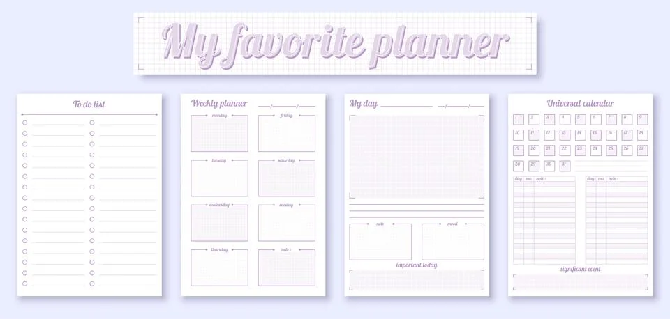 Planner diary printed page template cute flat set Stock Illustration