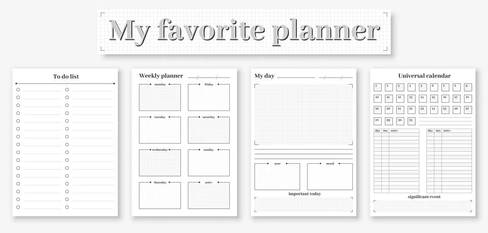 Planner diary printed page template bw flat set Stock Illustration