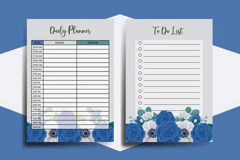 Planner To Do List Blue Rose Flower Design Template Stock Illustration
