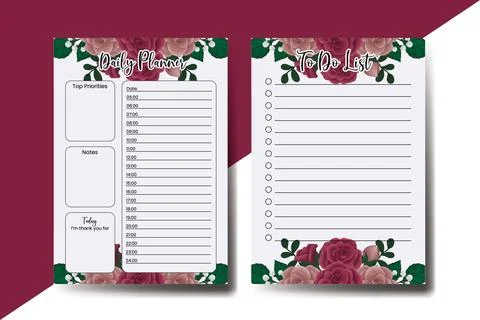 Planner To Do List Maroon Rose Flower Design Template Illustrazione stock