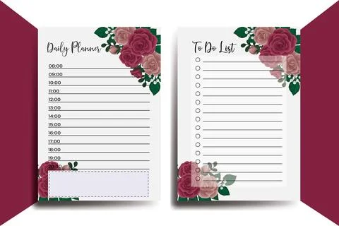 Planner To Do List Maroon Rose Flower Design Template Illustrazione stock