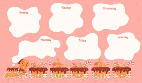 Planner for kids with colourful gingerbread train, school timetable for child Stock Illustration