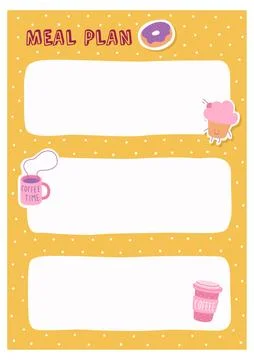 Planner list. Meal plan, frame for text, cute coffee cups, muffin and donut Stock Illustration