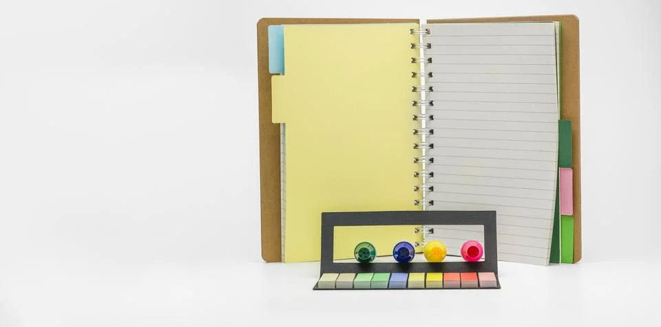 Planner notebook with sticky notes for planning and creativity, pn white ba.. Stock Photos