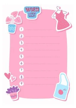 Planner paper. Wish list, frame for text with numbers, cute dress and shopper Stock Illustration