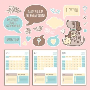 PLANNER SPRING DOG 2022 Year Printable And Cutting Vector Set Stockillustratie