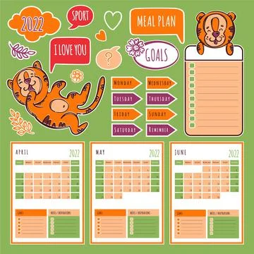PLANNER SPRING TIGER 2022 Printable And Cutting Vector Set Stock Illustration