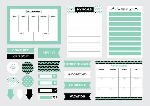 Planner stickers and schedule notes badges set, vector illustration isolated. Stock Illustration