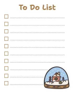 Planner template, snow globe. To do list with cozy cabin winter. Holiday task Stock Illustration