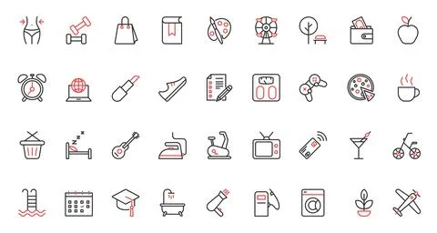 Planner trendy red black thin line icons set, calendar mobile app symbols of Stock Illustration