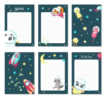 Planner vector template with cute space animals Stock Illustration