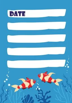 Planner vector template marine design exotic fish. Organizer school sea life Illustrazione stock