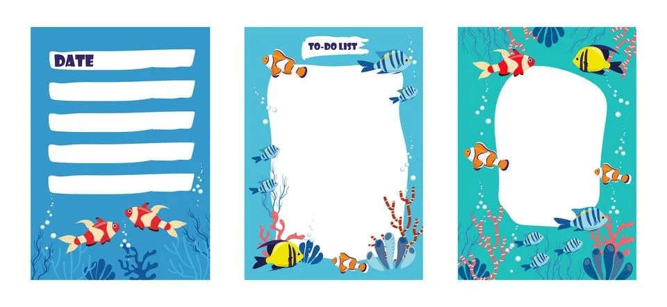 Planner vector template set marine design exotic fish. Organizer school sea life Stock Illustration