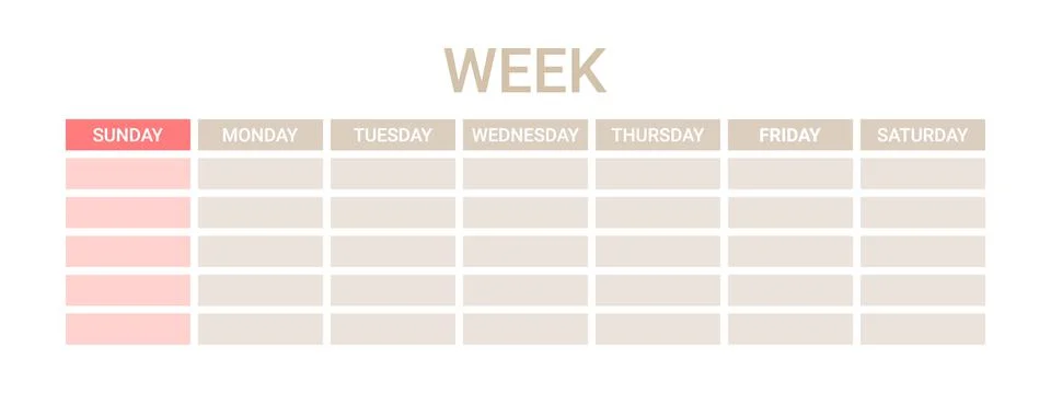 Planner on week, template chart daily schedule on one page. Weekly English Stock Illustration
